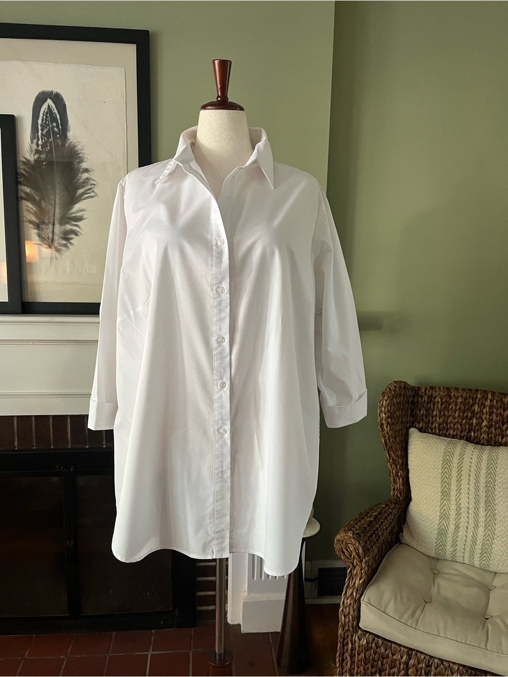 White Cotton Poplin Button-Up Shirt | 3/4 Sleeve | 3X